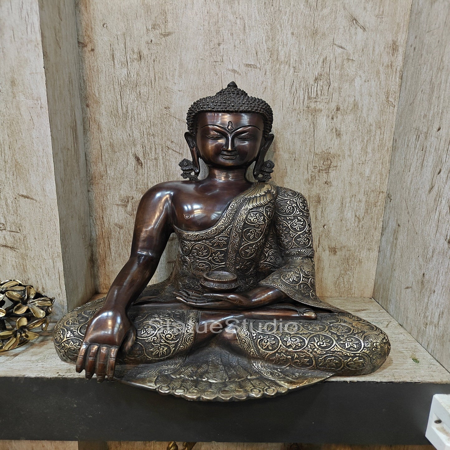 Brass Buddha Statue Earth Touching Mudra Antioque Finish 1.5 Feet