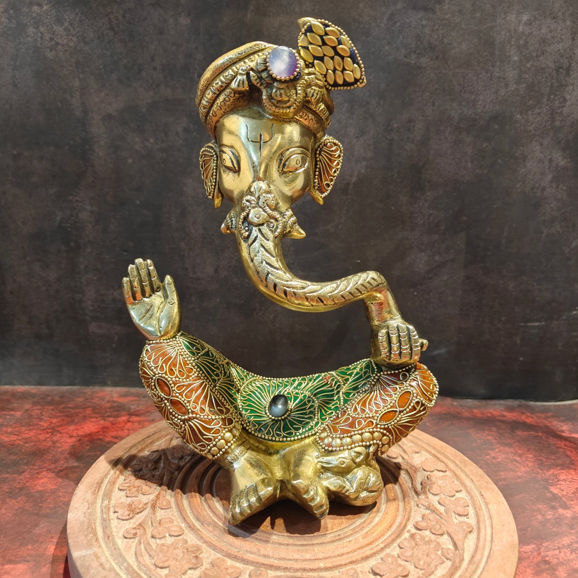 Brass Modern Abstract Ganesha Statue Wearing a Turban With Stonework 10.5" - Image 3