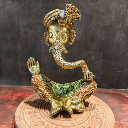 Brass Modern Abstract Ganesha Statue Wearing a Turban With Stonework 10.5" by vendor-unknown - Hindu Gods (View 3)