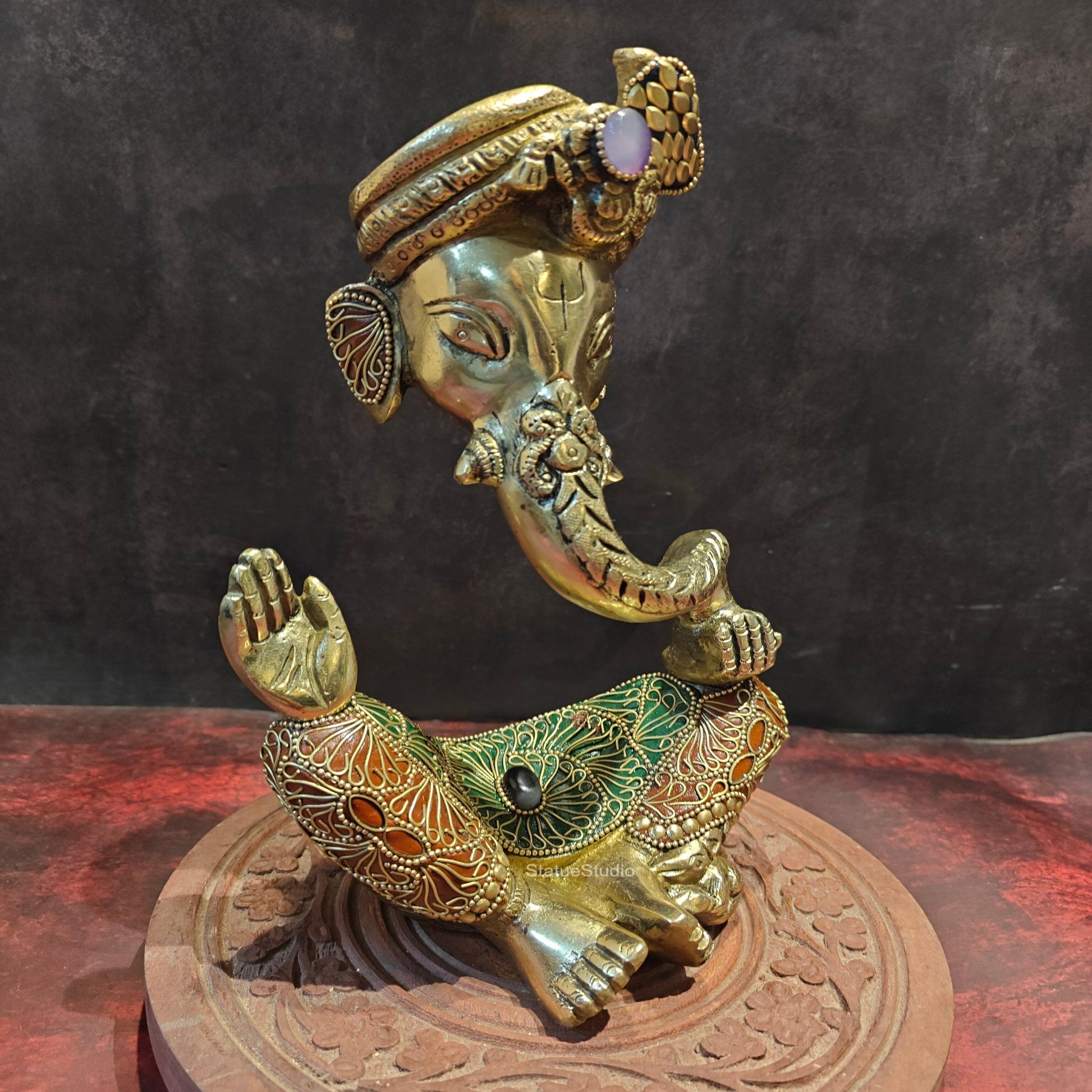 Brass Modern Abstract Ganesha Statue Wearing a Turban With Stonework 10.5" - Image 4