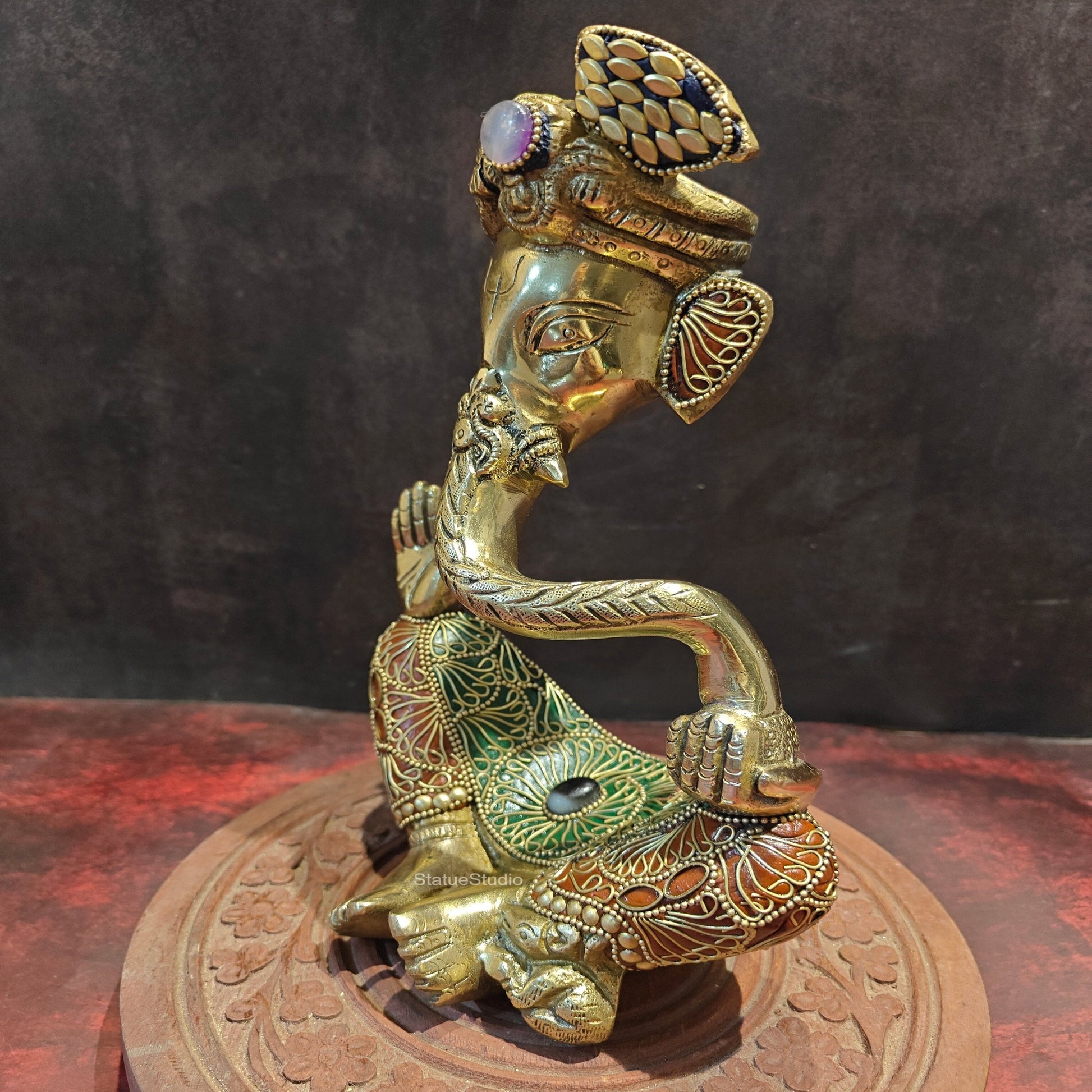 Brass Modern Abstract Ganesha Statue Wearing a Turban With Stonework 10.5" - Image 5