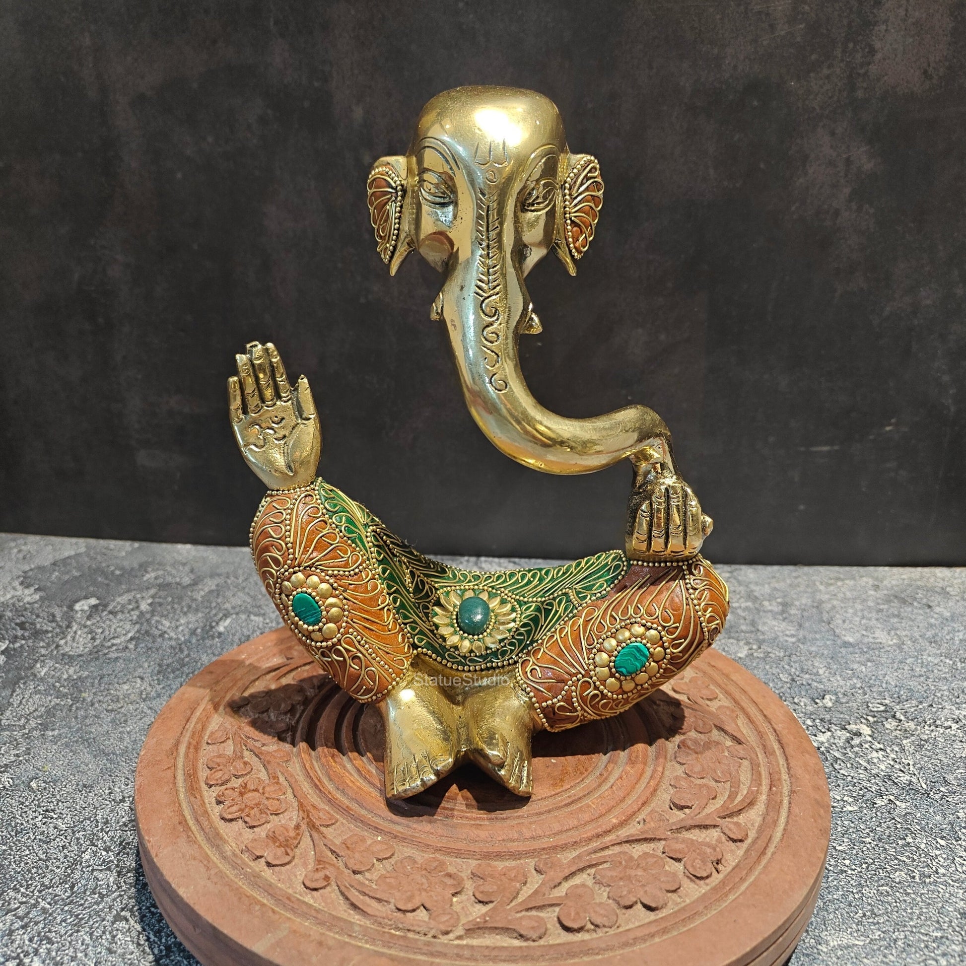 Brass Modern Abstract Ganesha Idol With Stonework 8 Inches - Image 3