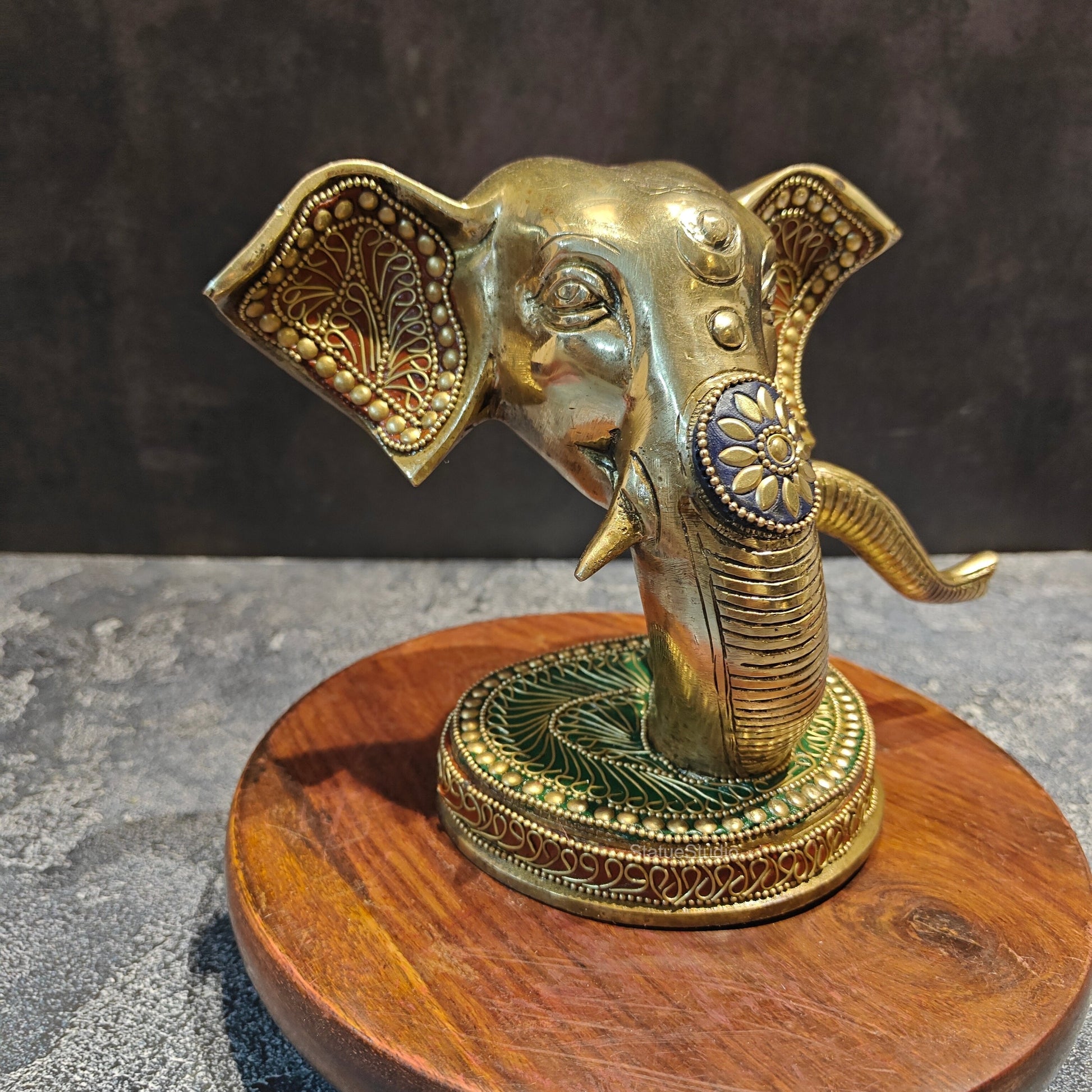 Brass Modern Ganesha Face Statue With Stonework 6" - Image 3