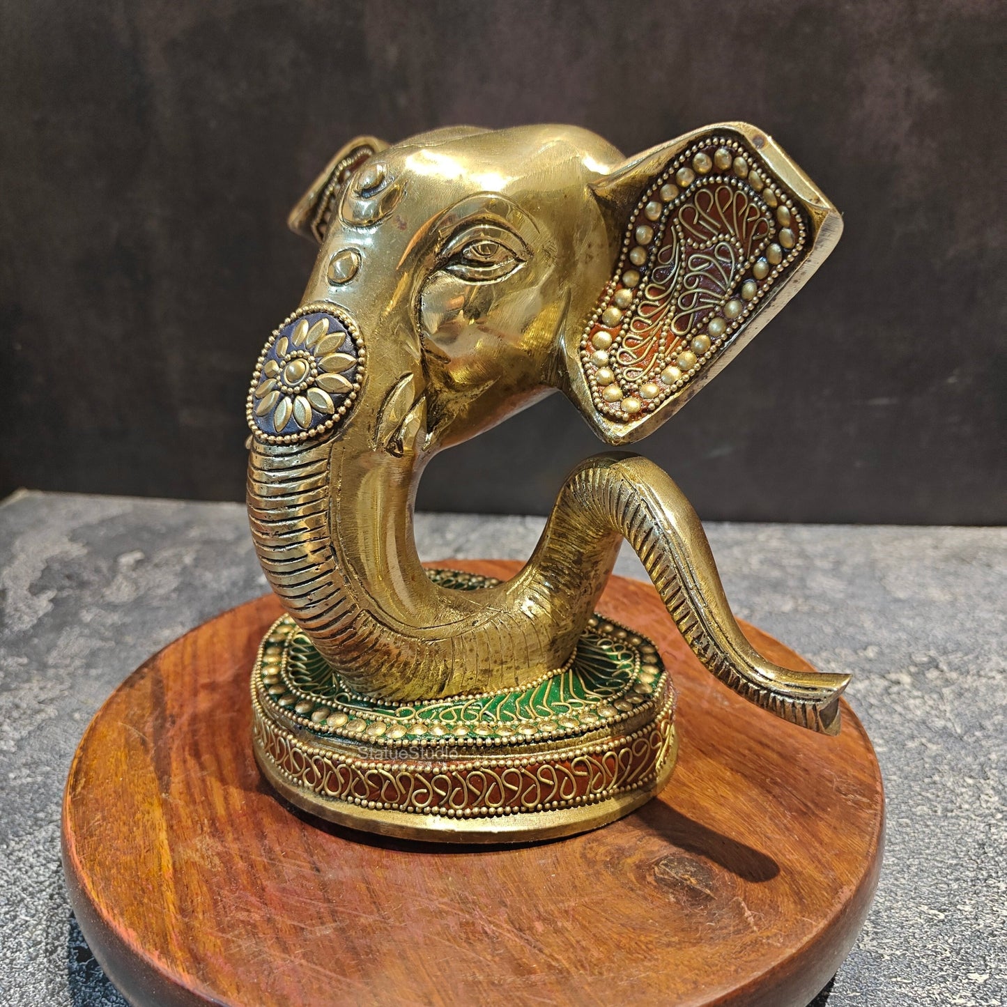 Brass Modern Ganesha Face Statue With Stonework 6"