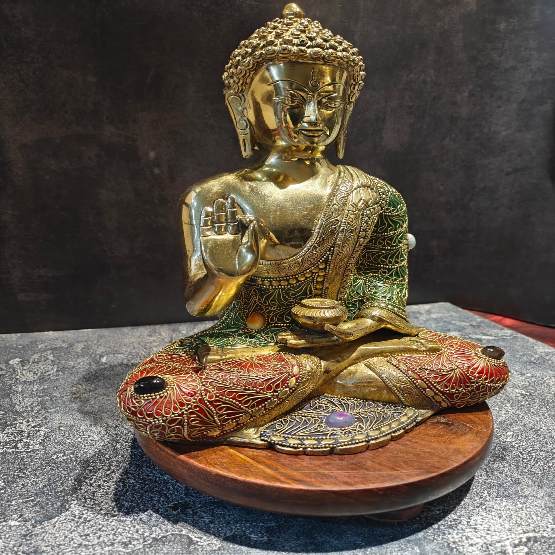 Brass Blessing Buddha Statue With Stone Work 1 Feet - Image 3