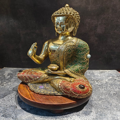 Brass Blessing Buddha Statue With Stone Work 1 Feet by vendor-unknown - Buddha (View 4)