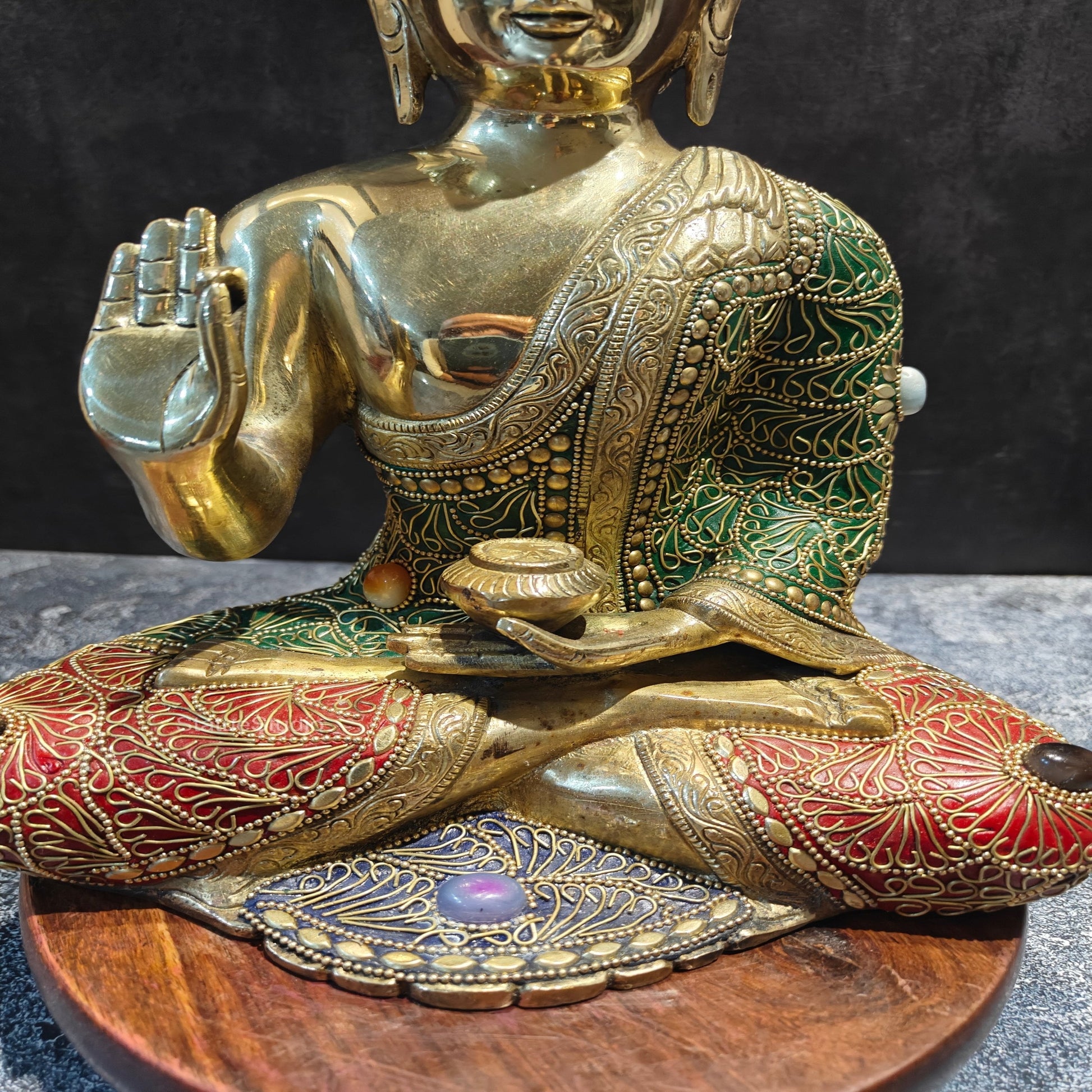 Brass Blessing Buddha Statue With Stone Work 1 Feet - Image 5