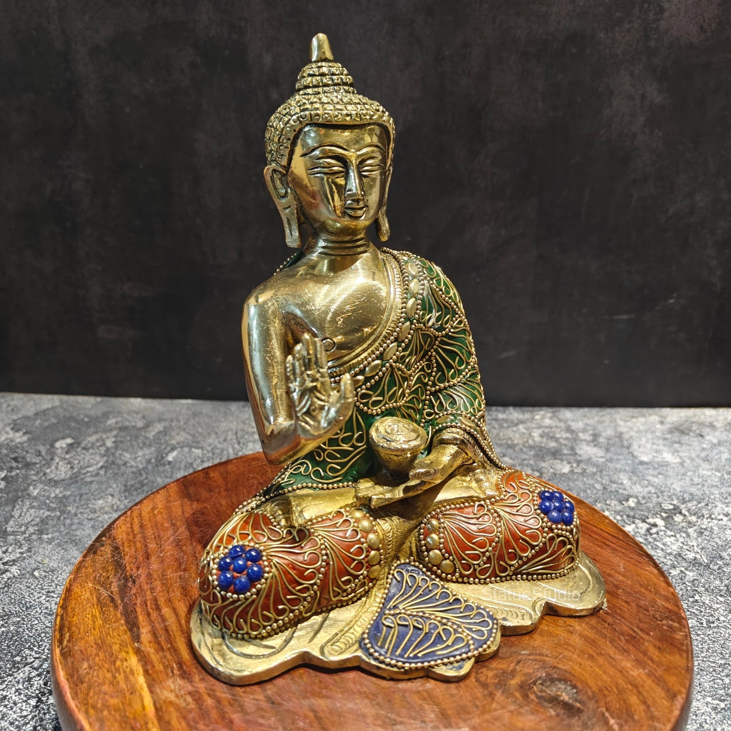 Brass Small Blessing Buddha Statue With Stone Work 7.5 Inch