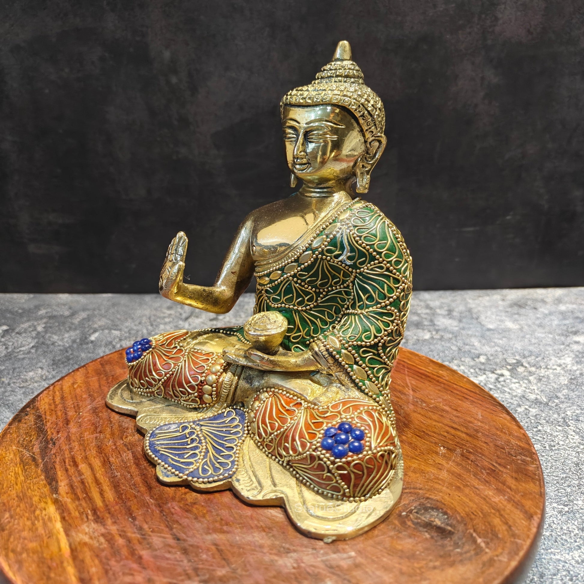 Brass Small Blessing Buddha Statue With Stone Work 7.5 Inch - Image 5