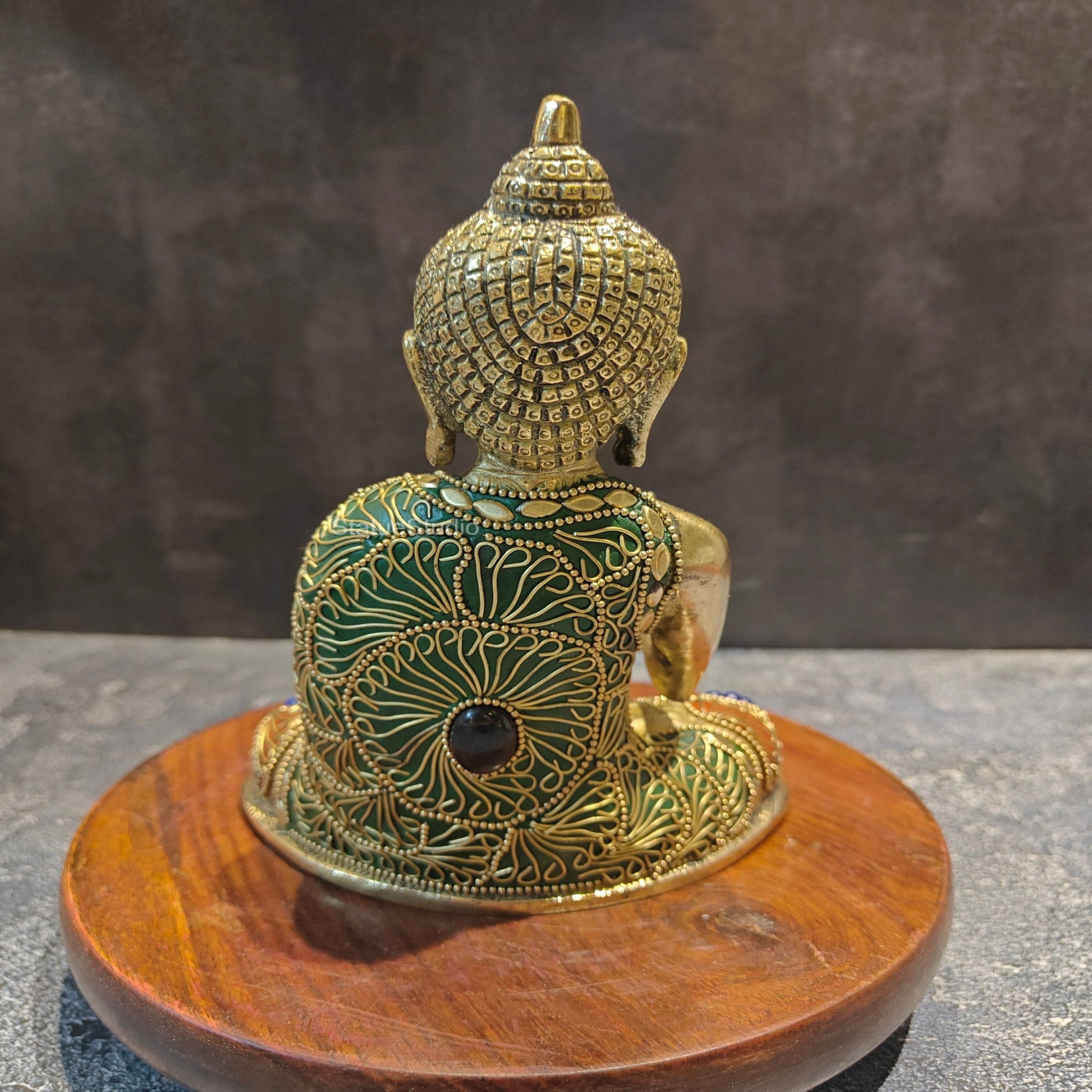 Brass Small Blessing Buddha Statue With Stone Work 7.5 Inch - Image 6