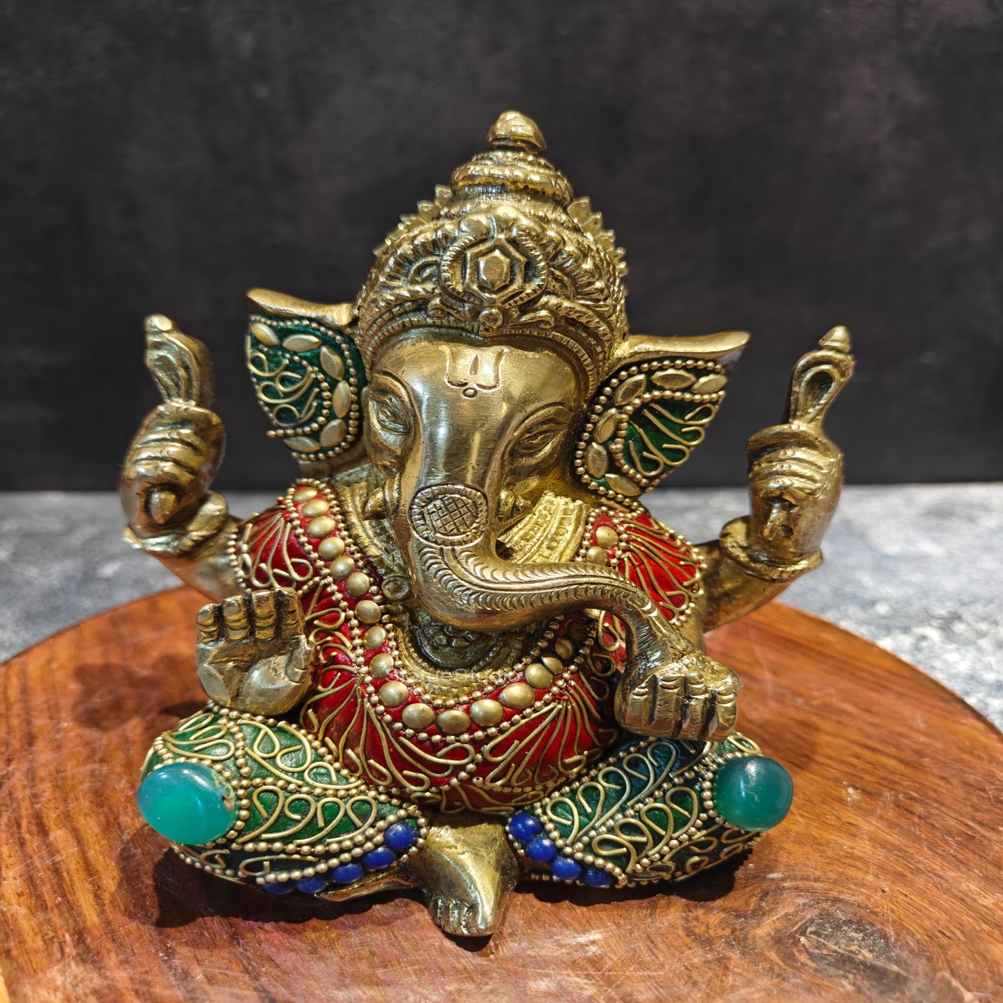 Brass Ganesha Statue Fine Stone Work 6 Inches