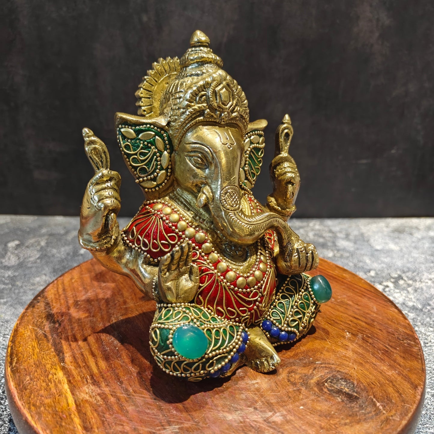 Brass Ganesha Statue Fine Stone Work 6 Inches