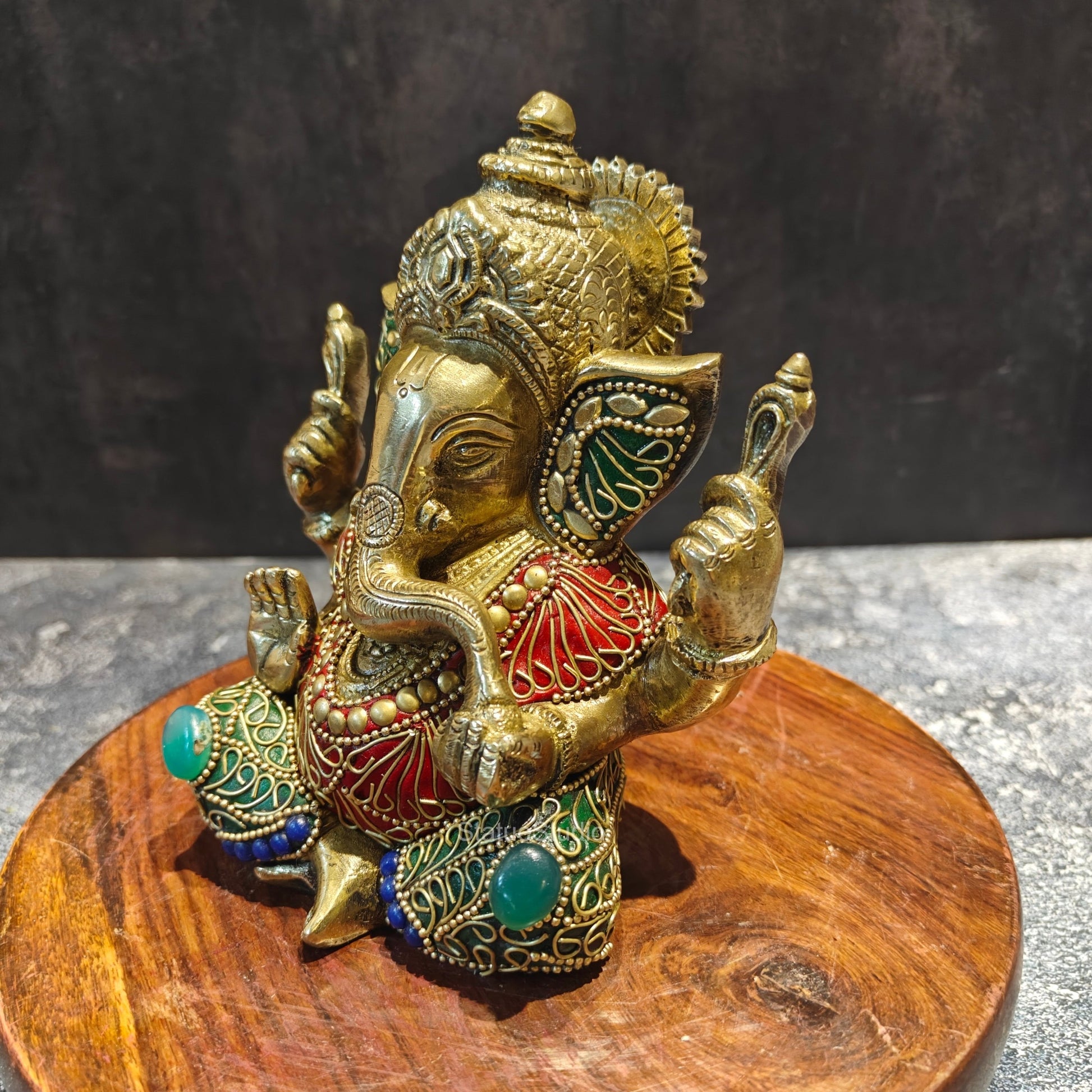 Brass Ganesha Statue Fine Stone Work 6 Inches - Image 6