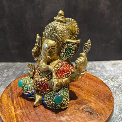 Brass Ganesha Statue Fine Stone Work 6 Inches by vendor-unknown - Hindu Gods (View 6)