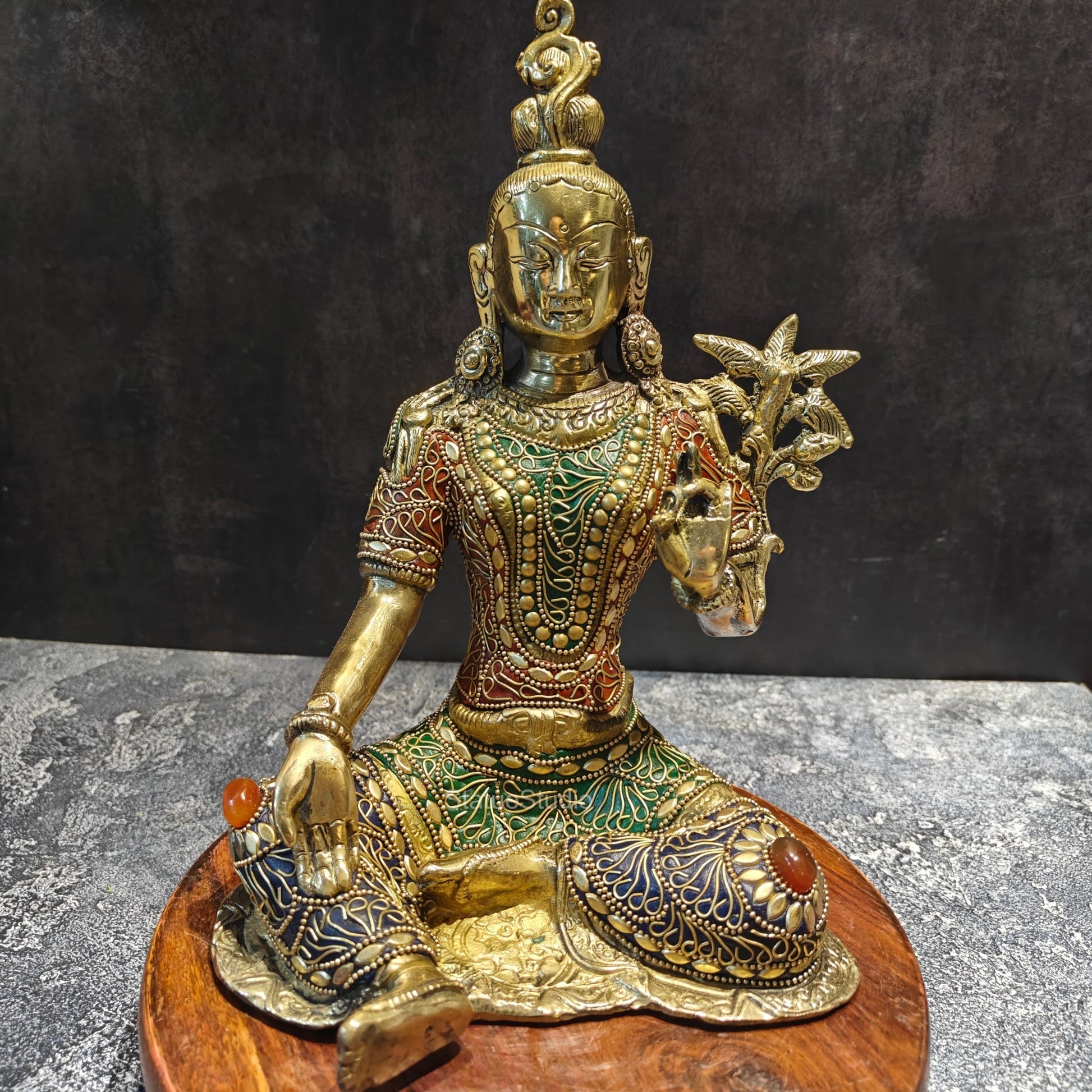 Brass Buddhist Green Tara Devi Idol With Stone Work 10.5 Inches - Image 2