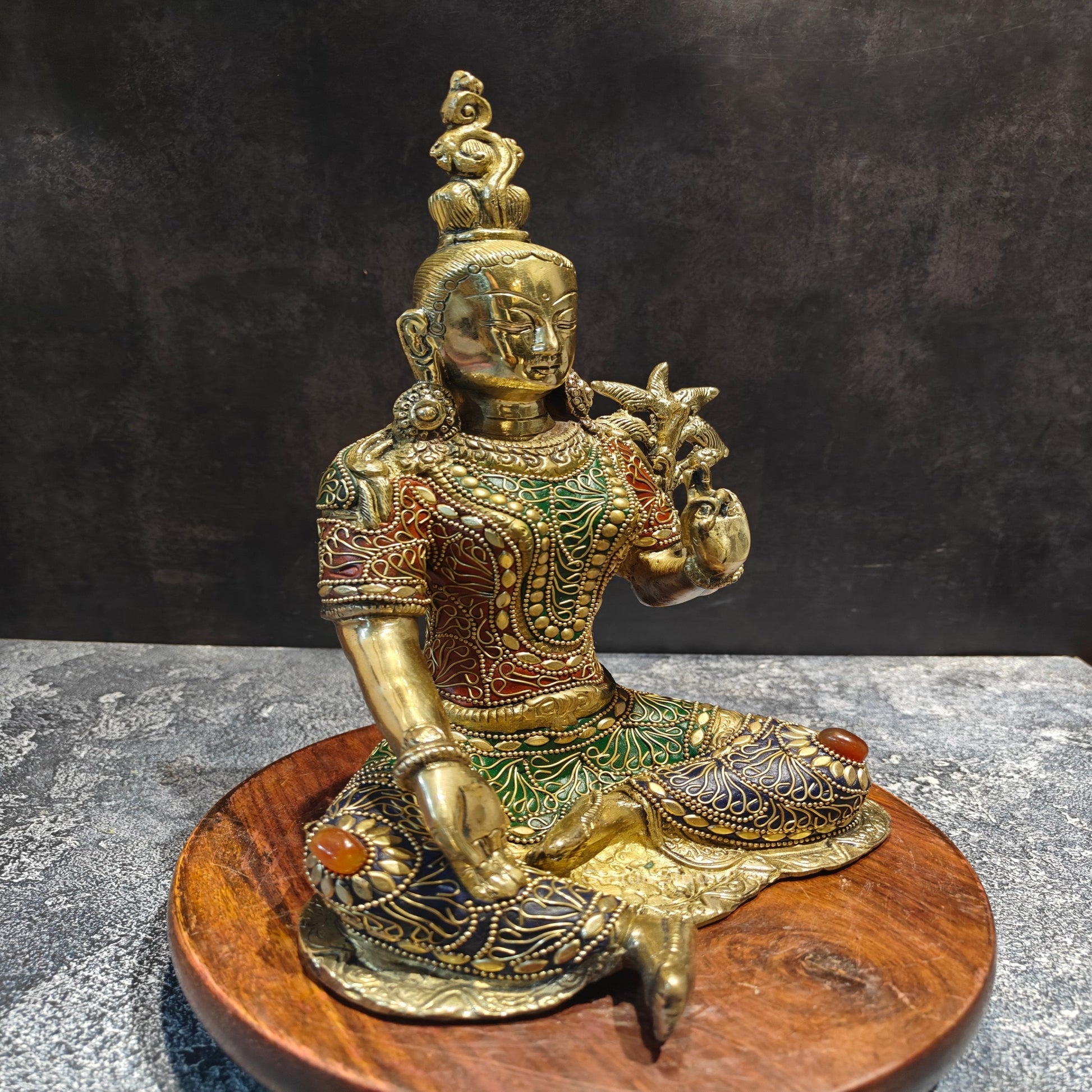 Brass Buddhist Green Tara Devi Idol With Stone Work 10.5 Inches - Image 4
