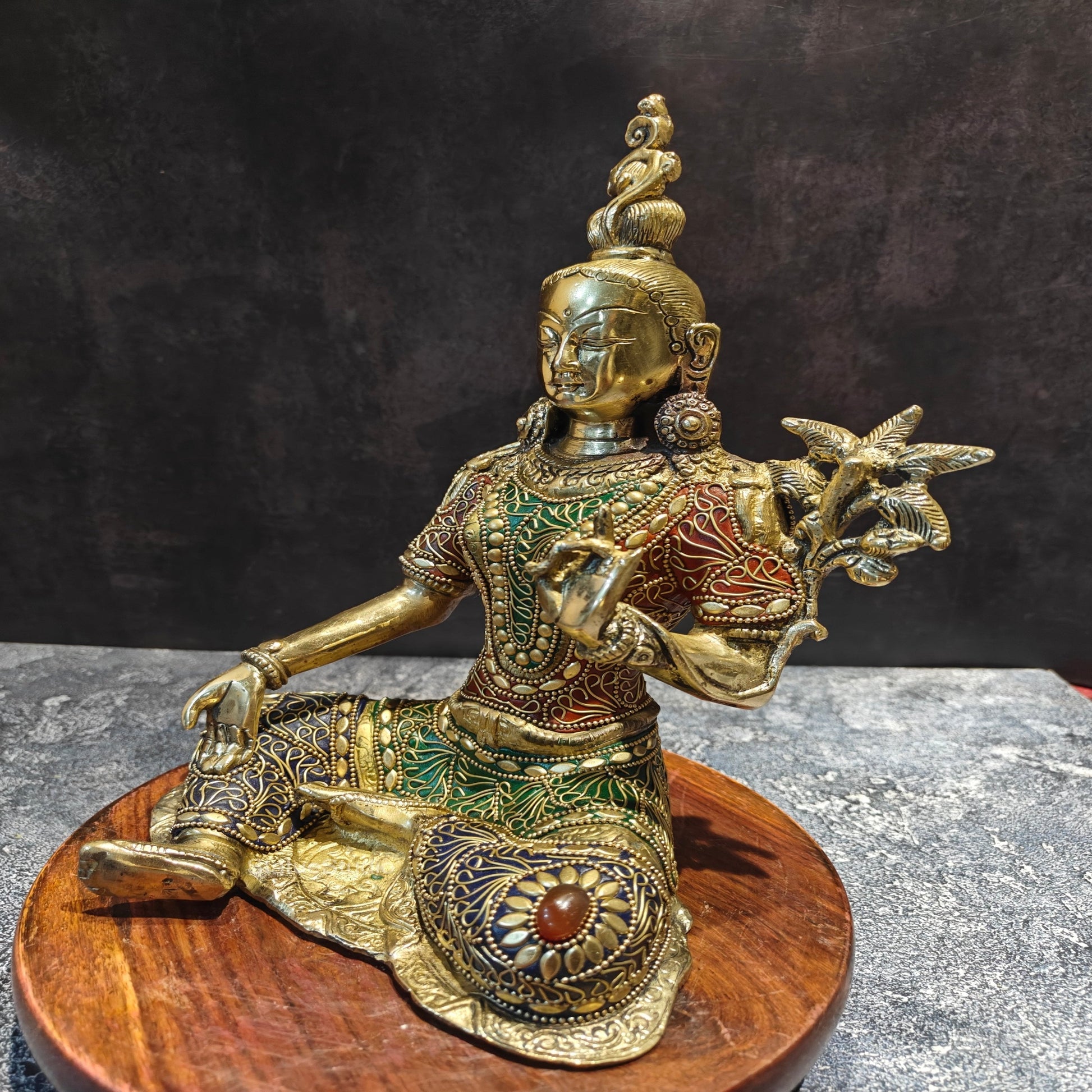 Brass Buddhist Green Tara Devi Idol With Stone Work 10.5 Inches - Image 5