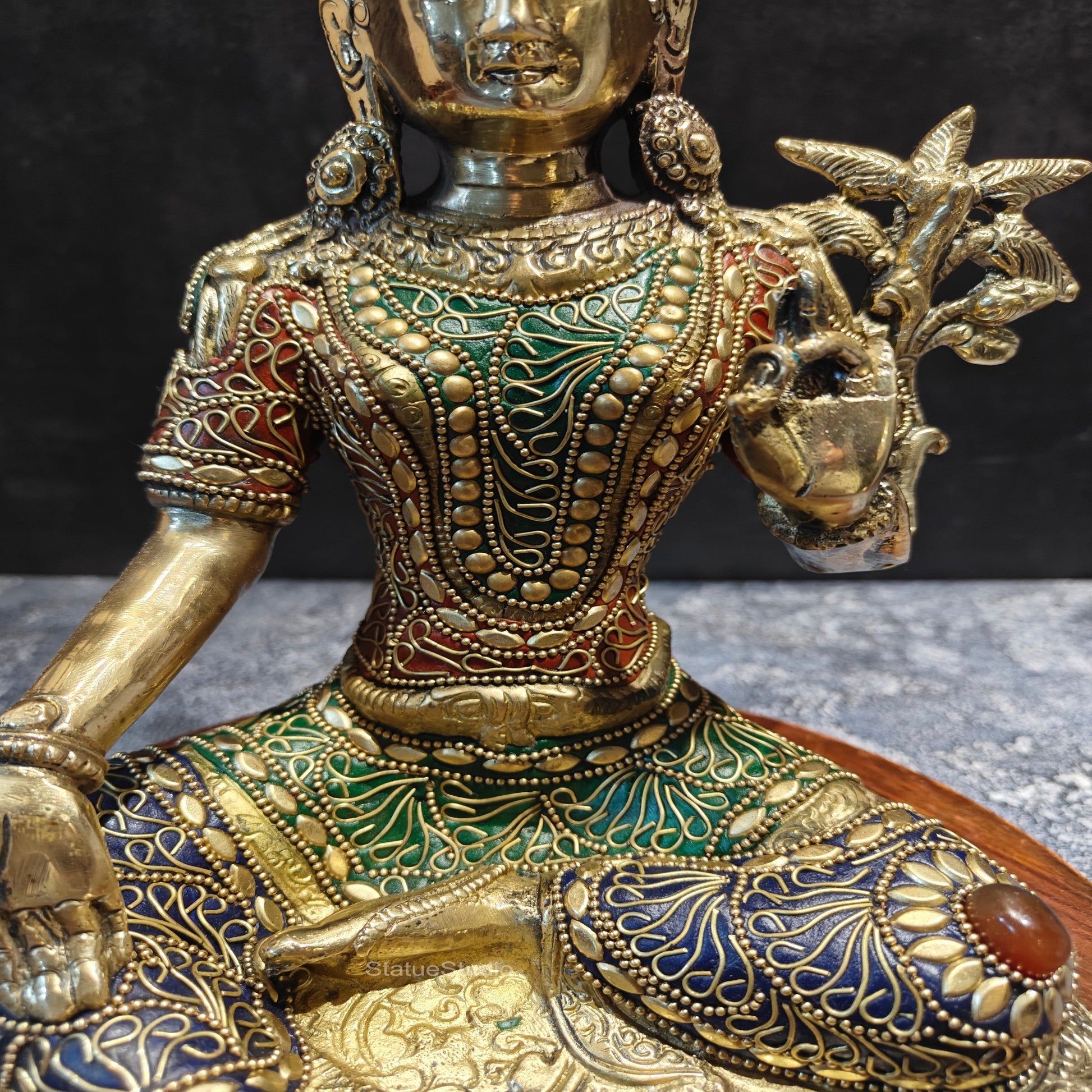 Brass Buddhist Green Tara Devi Idol With Stone Work 10.5 Inches - Image 6