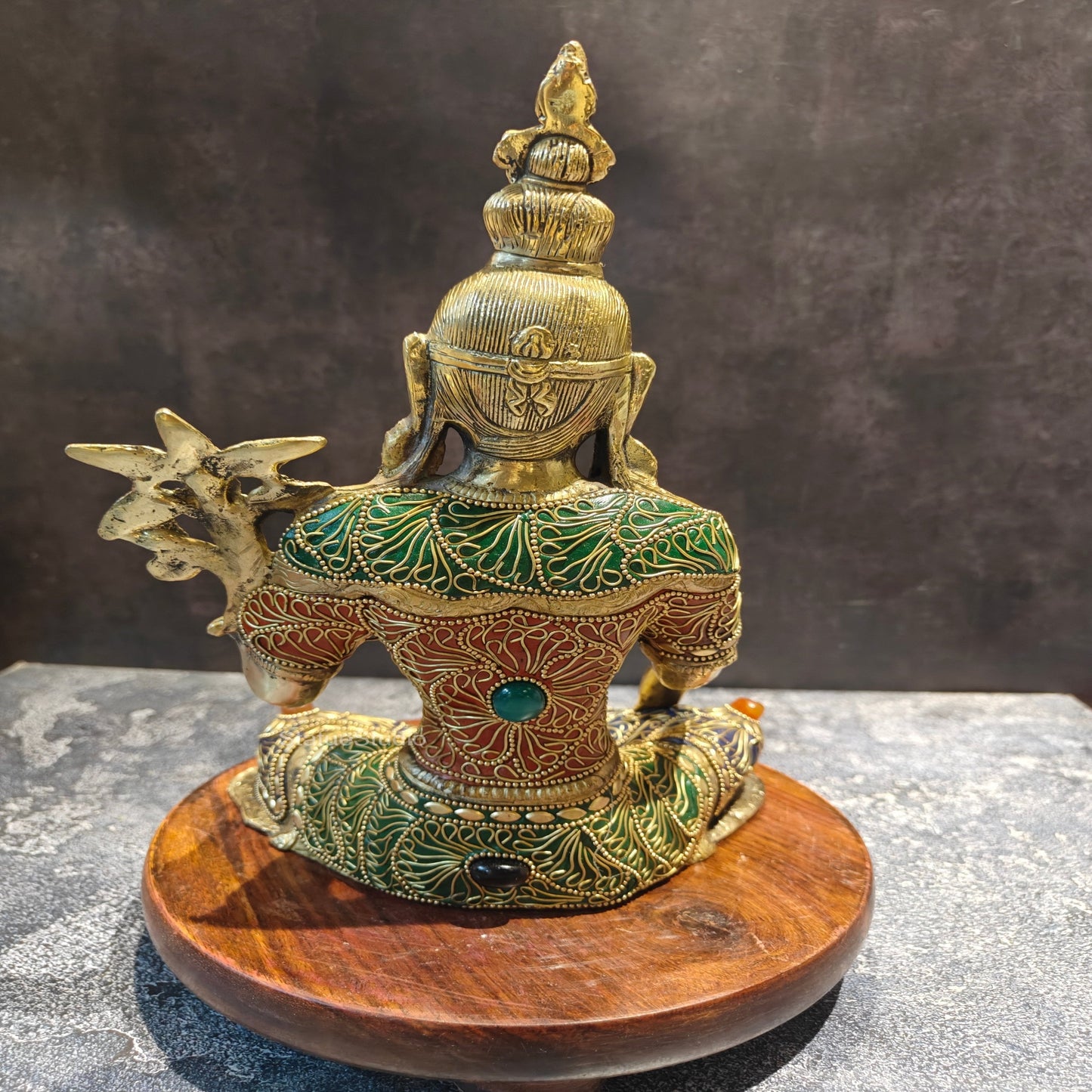 Brass Buddhist Green Tara Devi Idol With Stone Work 10.5 Inches