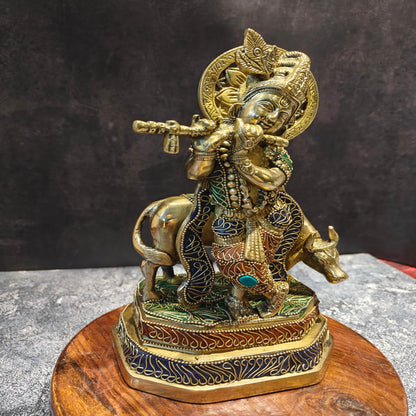 Brass Krishna With Cow Statue On Pedestal Stone Work 10 Inches by vendor-unknown - Hindu Gods (View 4)