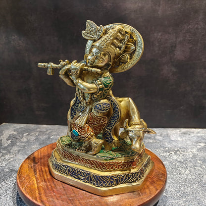 Brass Krishna With Cow Statue On Pedestal Stone Work 10 Inches by vendor-unknown - Hindu Gods (View 5)
