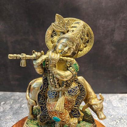 Brass Krishna With Cow Statue On Pedestal Stone Work 10 Inches by vendor-unknown - Hindu Gods (View 6)