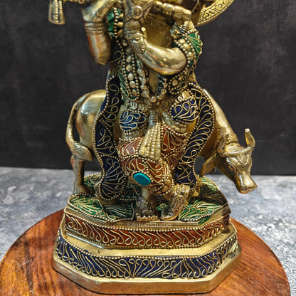 Brass Krishna With Cow Statue On Pedestal Stone Work 10 Inches by vendor-unknown - Hindu Gods (View 7)