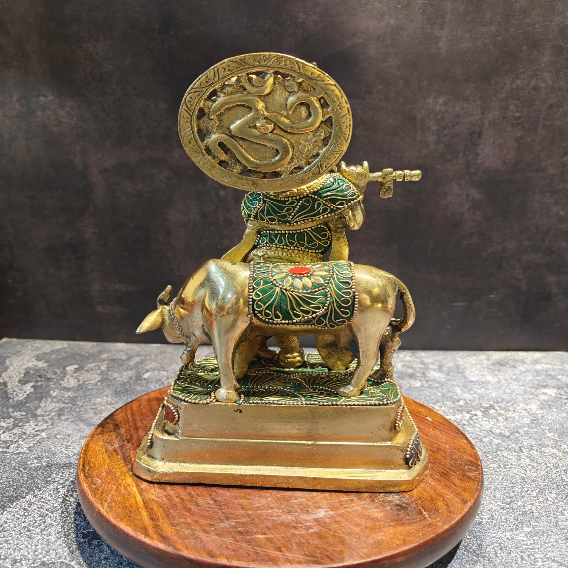 Brass Krishna With Cow Statue On Pedestal Stone Work 10 Inches - Image 8