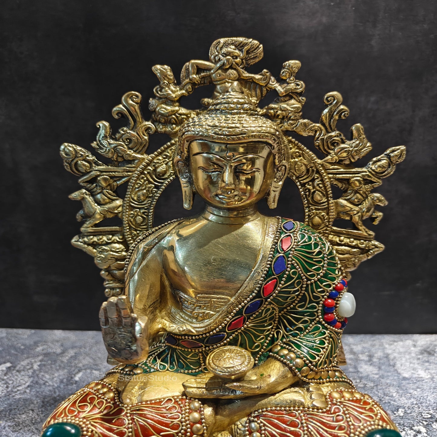 Brass Buddha Seated on Engraved Aasan and Arch With Stone Work 1 Feet