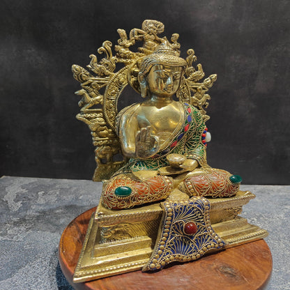 Brass Buddha Seated on Engraved Aasan and Arch With Stone Work 1 Feet by vendor-unknown - Buddha (View 4)