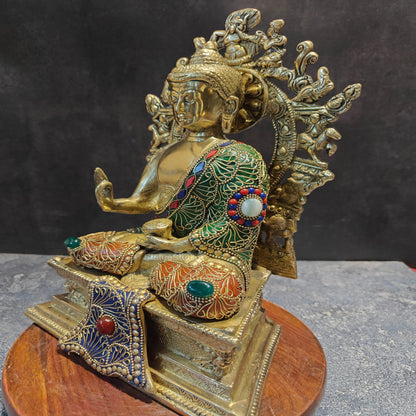 Brass Buddha Seated on Engraved Aasan and Arch With Stone Work 1 Feet by vendor-unknown - Buddha (View 5)