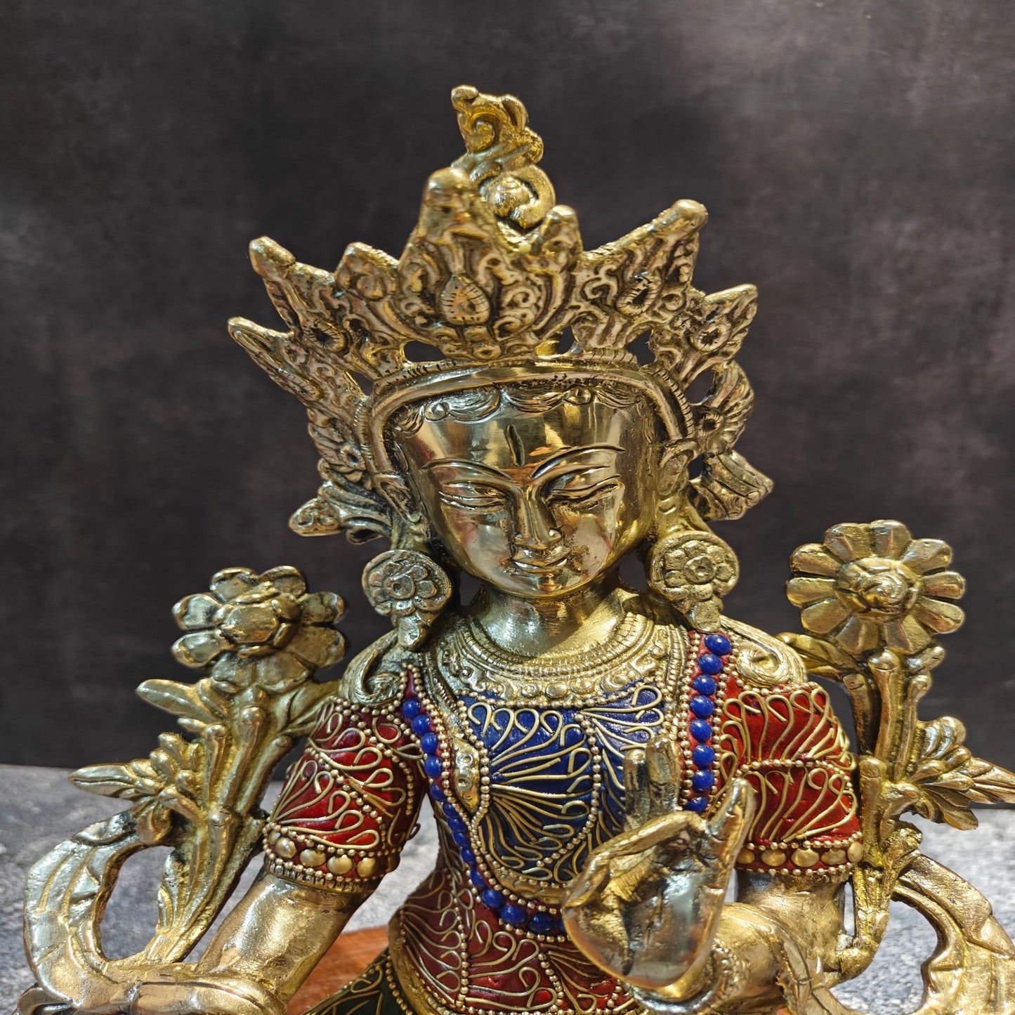 Brass Tara Devi Idol With Stone Work 11 Inches