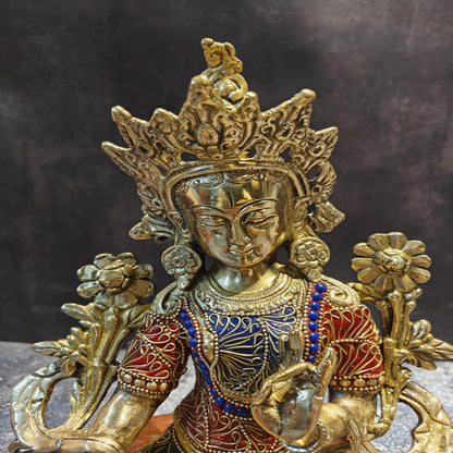 Brass Tara Devi Idol With Stone Work 11 Inches by vendor-unknown - Buddha (View 2)