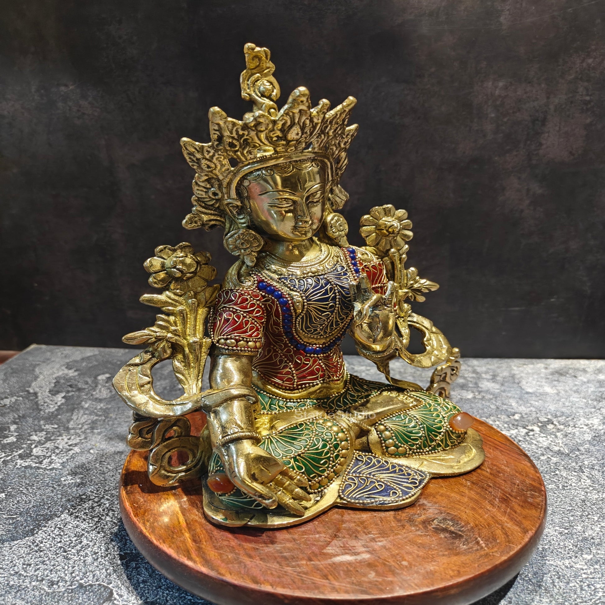 Brass Tara Devi Idol With Stone Work 11 Inches - Image 4