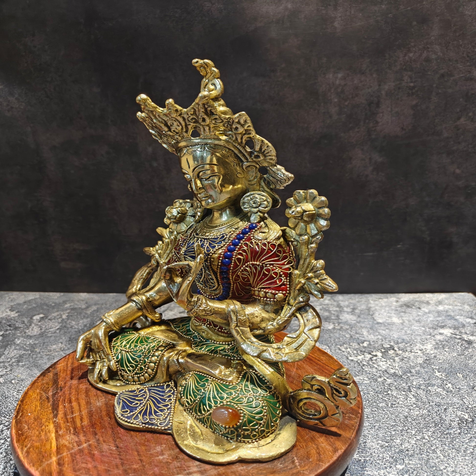 Brass Tara Devi Idol With Stone Work 11 Inches - Image 5