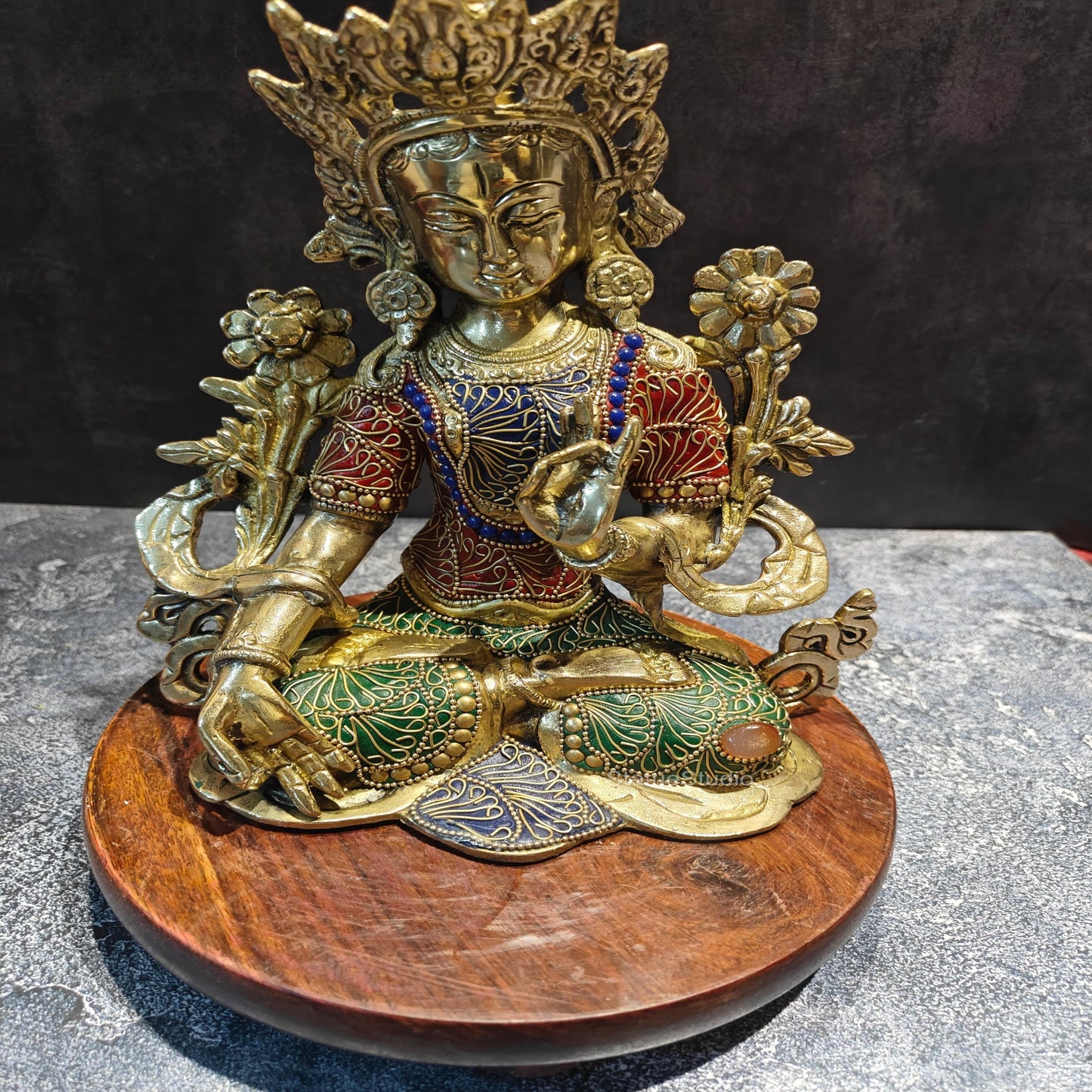 Brass Tara Devi Idol With Stone Work 11 Inches