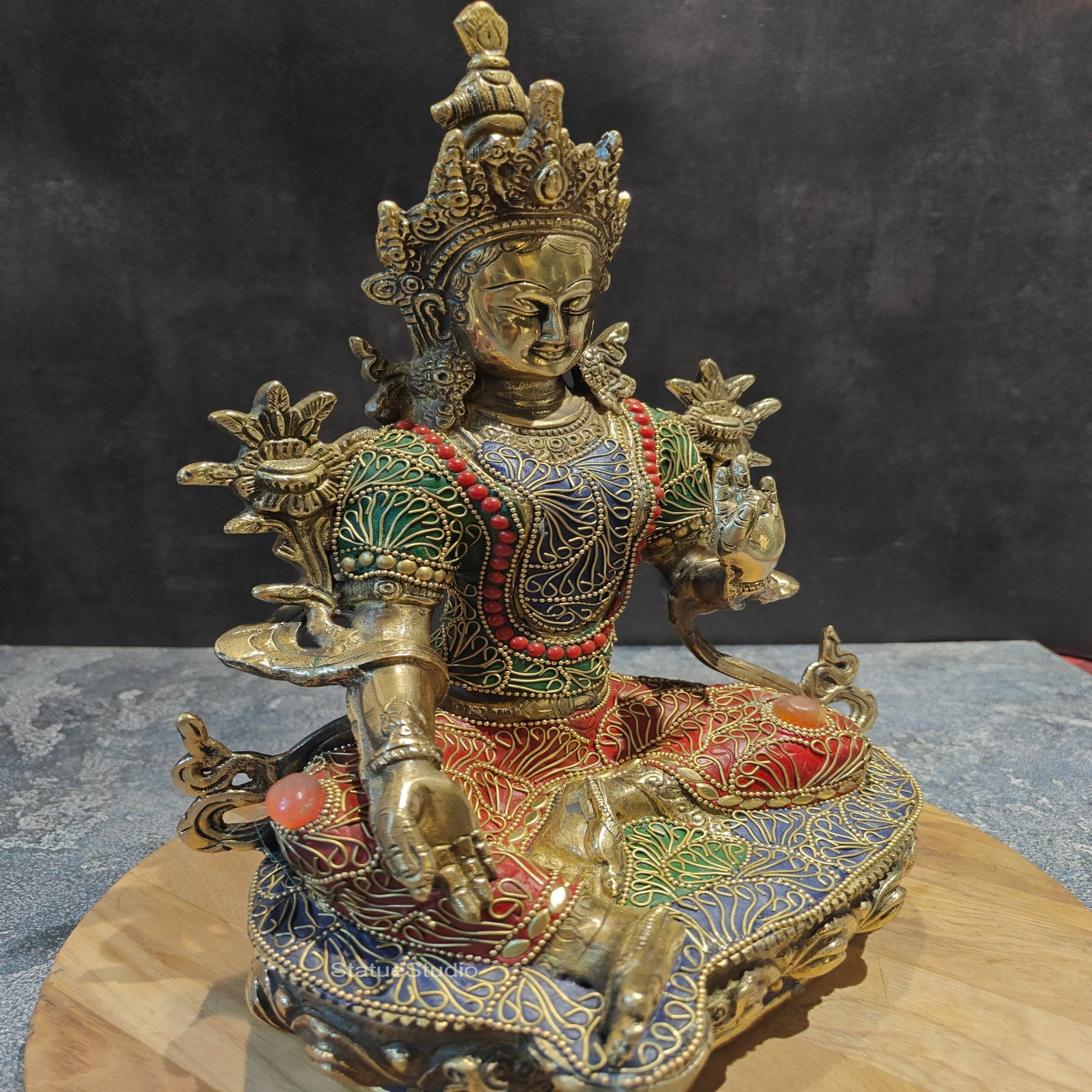 Brass Green Tara Devi Statue Sitting On Base With Stone Work 13 Inches - Image 3
