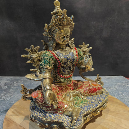 Brass Green Tara Devi Statue Sitting On Base With Stone Work 13 Inches by vendor-unknown - Buddha (View 3)