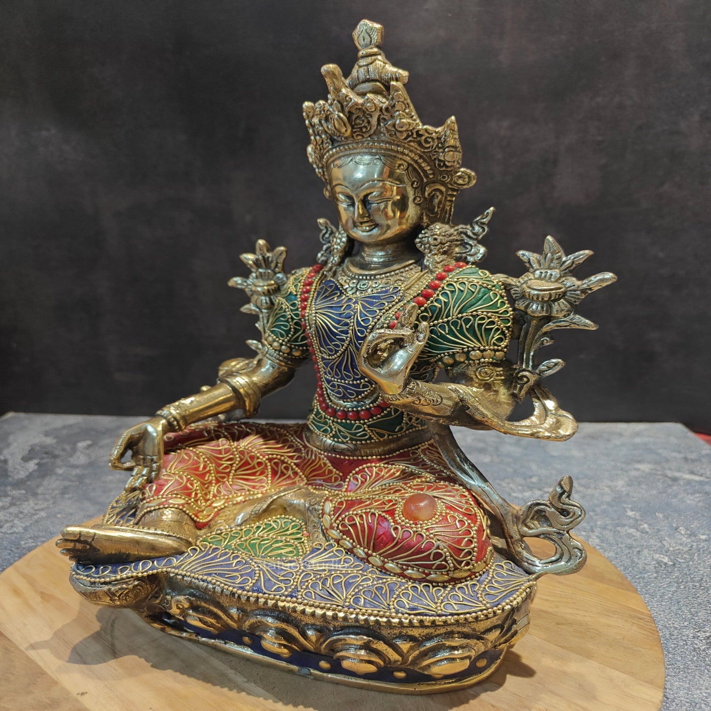 Brass Green Tara Devi Statue Sitting On Base With Stone Work 13 Inches