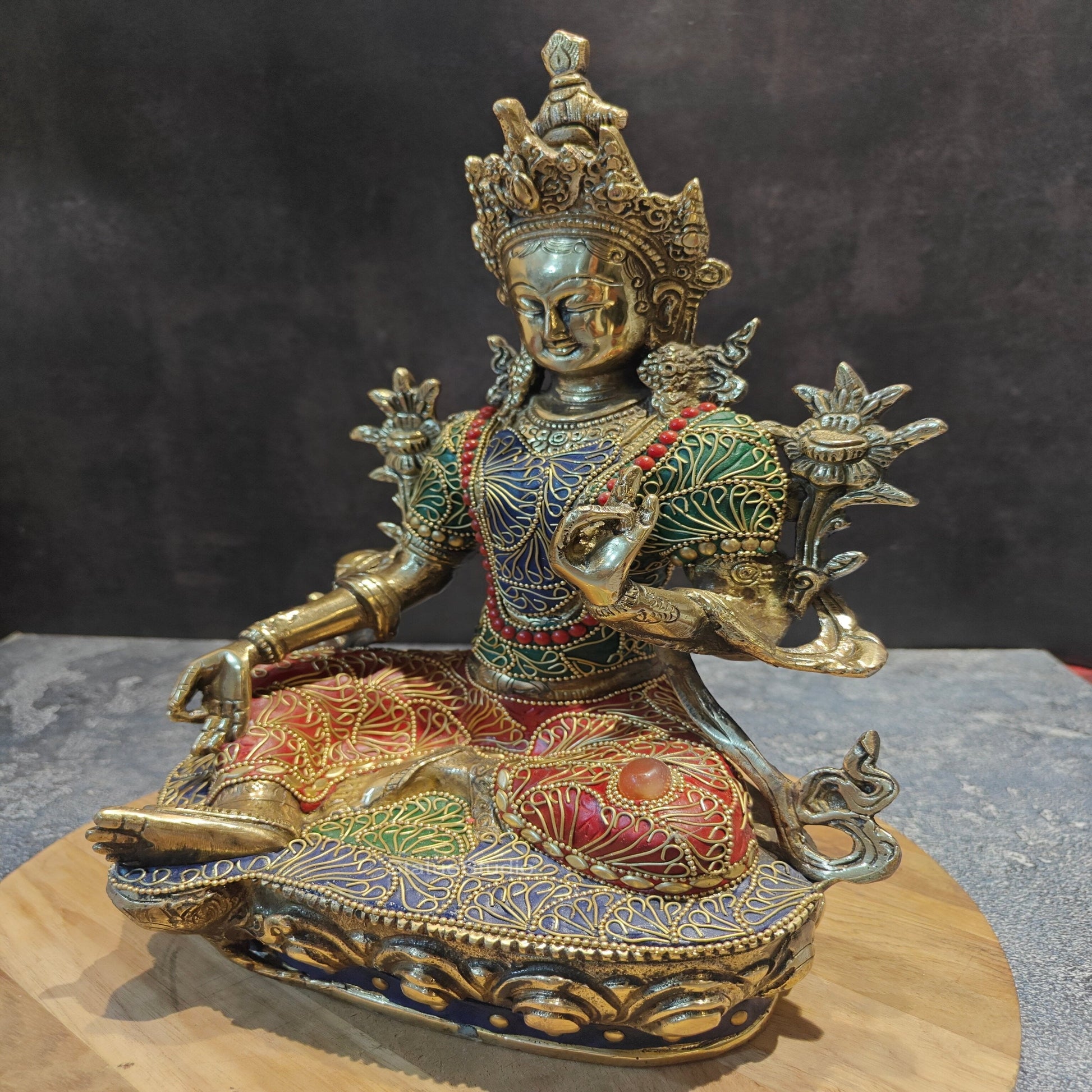 Brass Green Tara Devi Statue Sitting On Base With Stone Work 13 Inches - Image 4