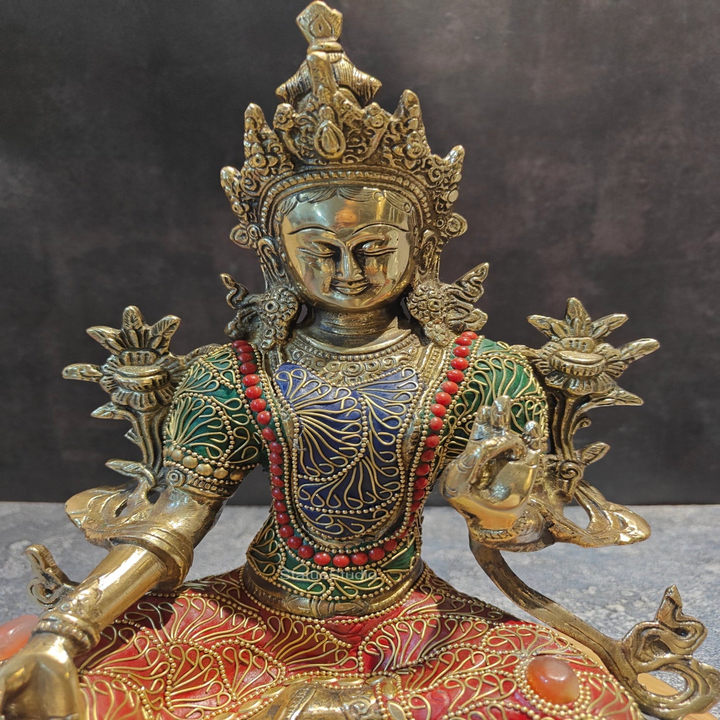 Brass Green Tara Devi Statue Sitting On Base With Stone Work 13 Inches