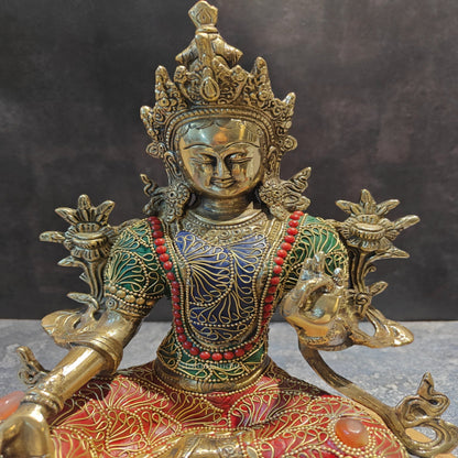Brass Green Tara Devi Statue Sitting On Base With Stone Work 13 Inches by vendor-unknown - Buddha (View 2)