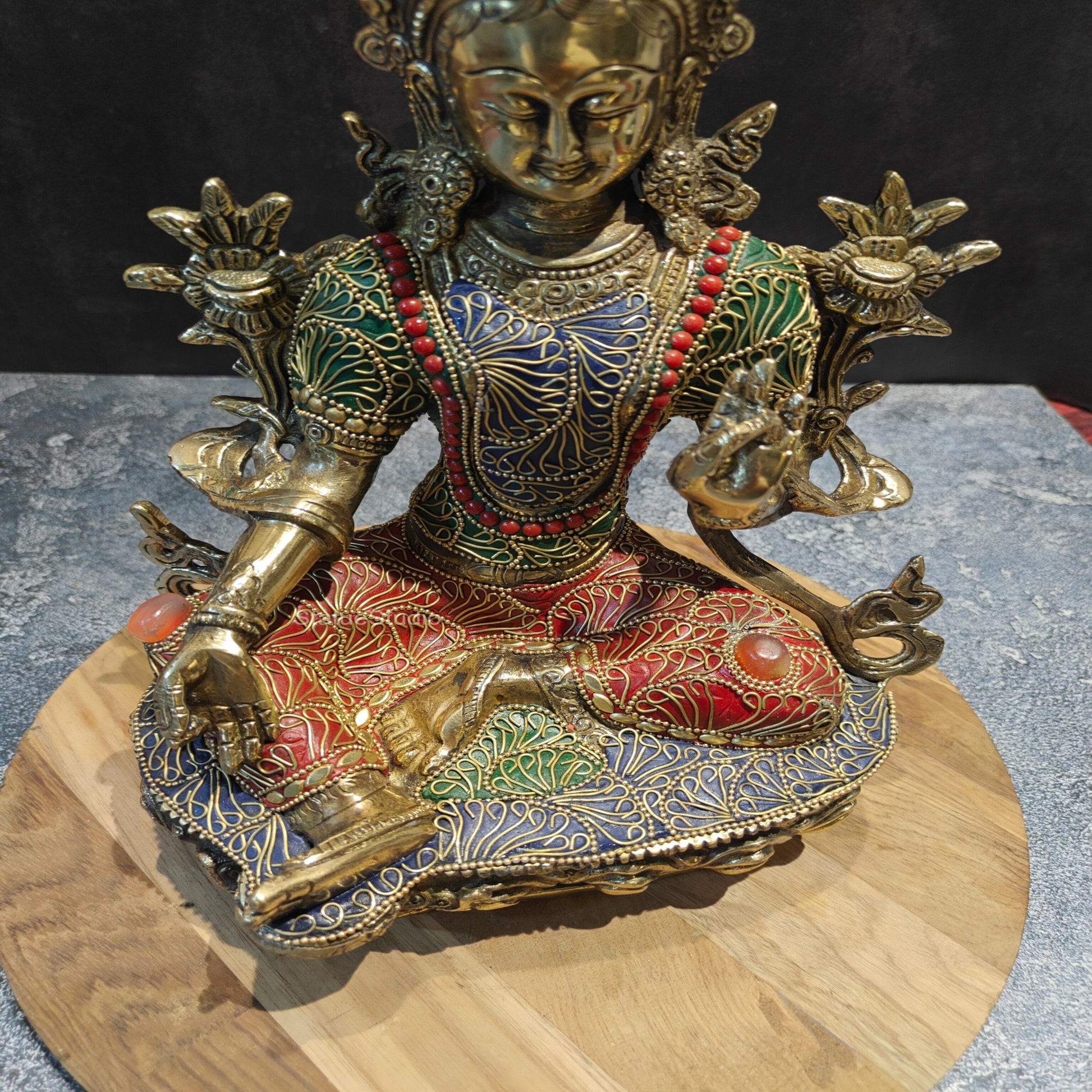 Brass Green Tara Devi Statue Sitting On Base With Stone Work 13 Inches - Image 5