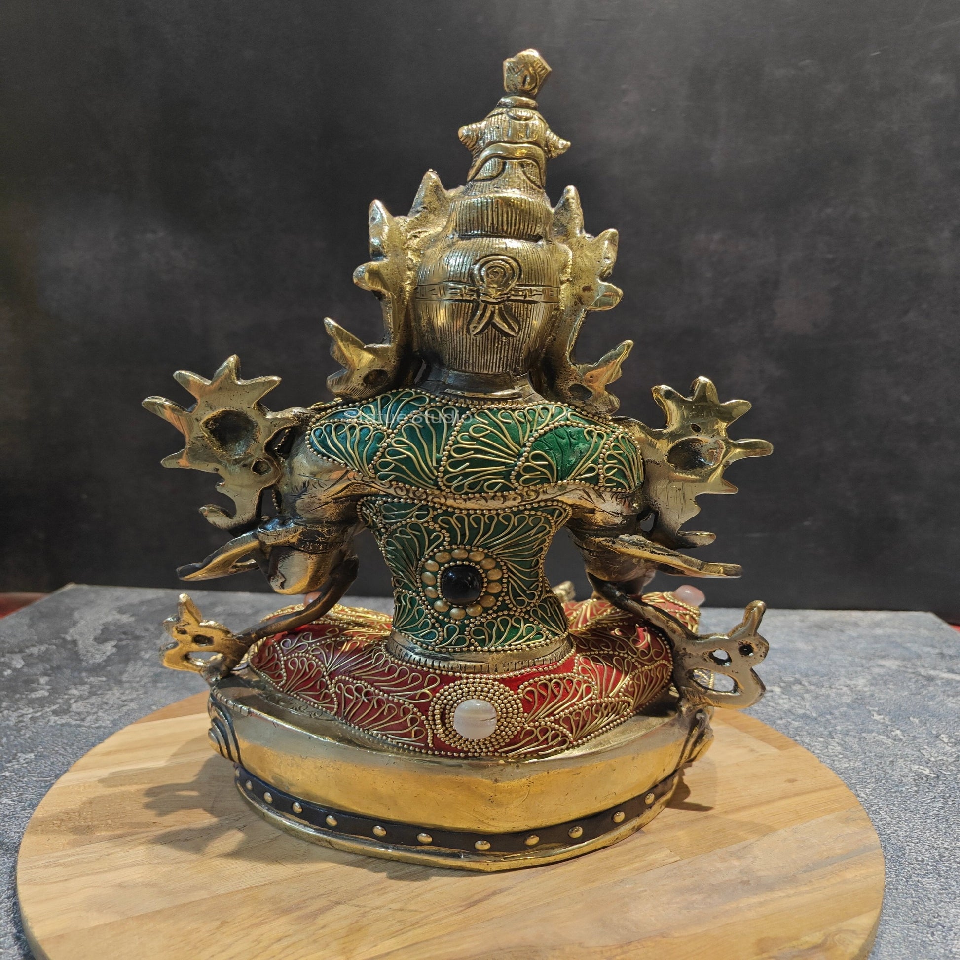 Brass Green Tara Devi Statue Sitting On Base With Stone Work 13 Inches - Image 6