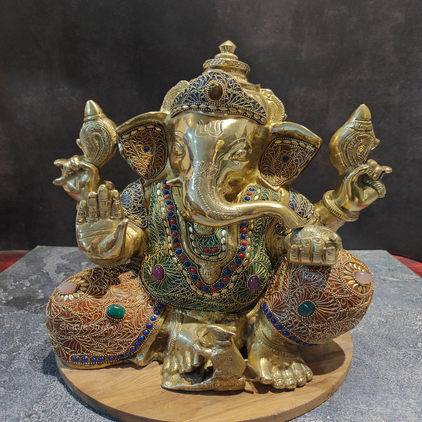 Brass Handcrafted Aashirwad Ganapati Idol With Stone Work 14 Inches