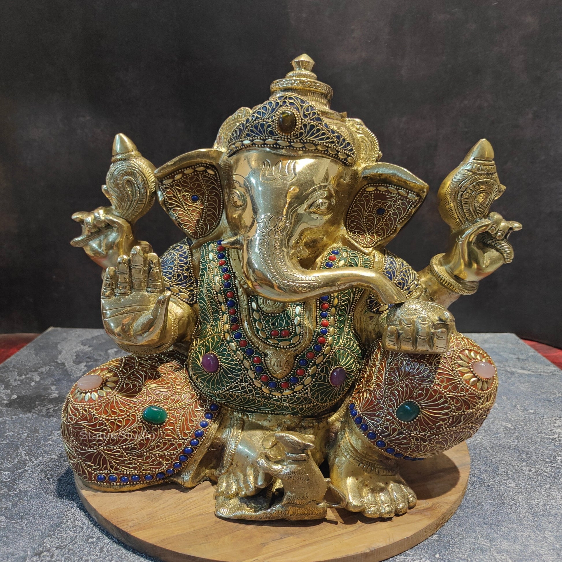Brass Handcrafted Aashirwad Ganapati Idol With Stone Work 14 Inches - Image 2