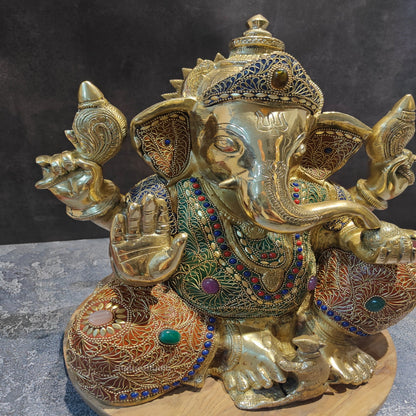 Brass Handcrafted Aashirwad Ganapati Idol With Stone Work 14 Inches by vendor-unknown - Hindu Gods (View 3)