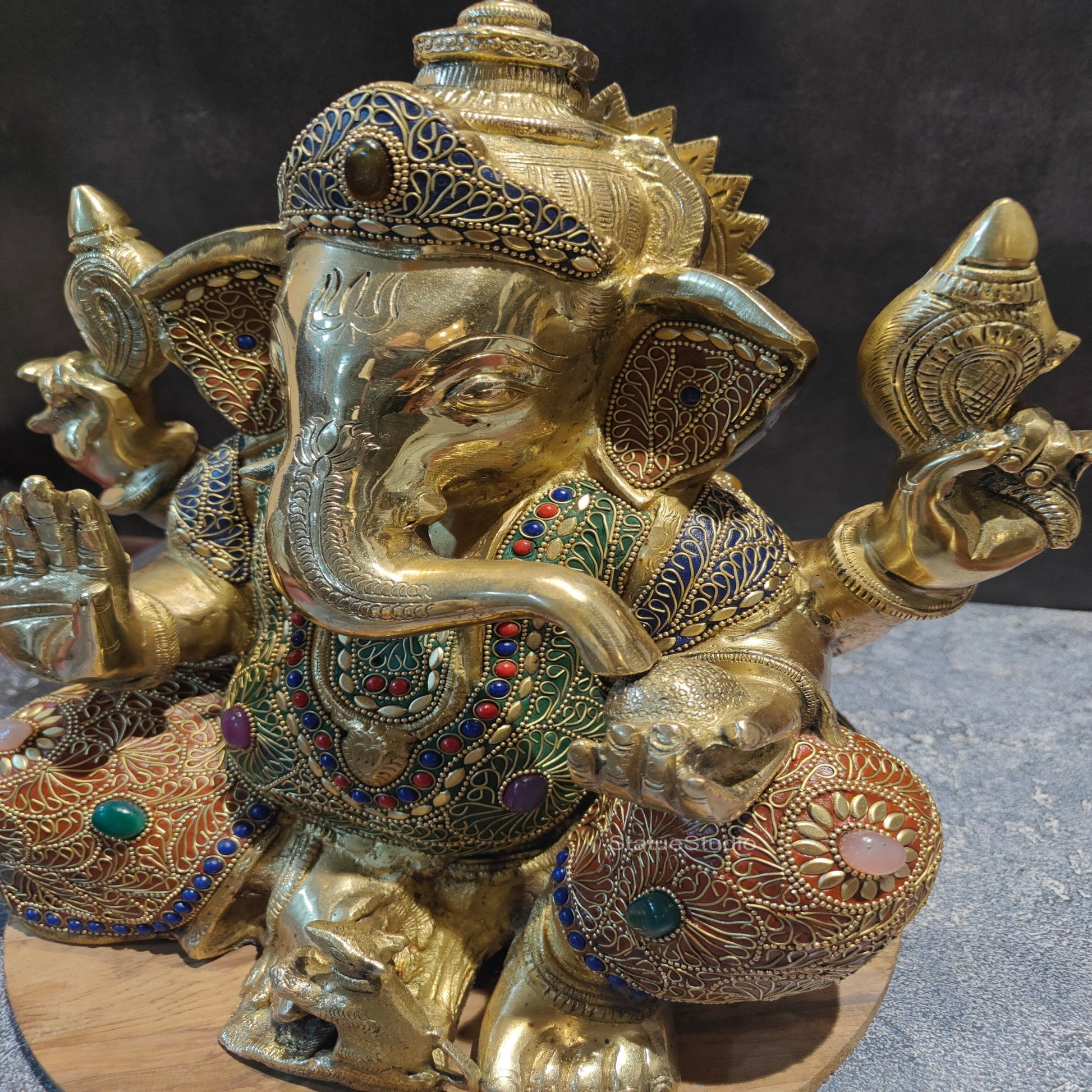 Brass Handcrafted Aashirwad Ganapati Idol With Stone Work 14 Inches - Image 4