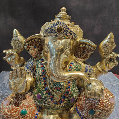 Brass Handcrafted Aashirwad Ganapati Idol With Stone Work 14 Inches by vendor-unknown - Hindu Gods (View 5)