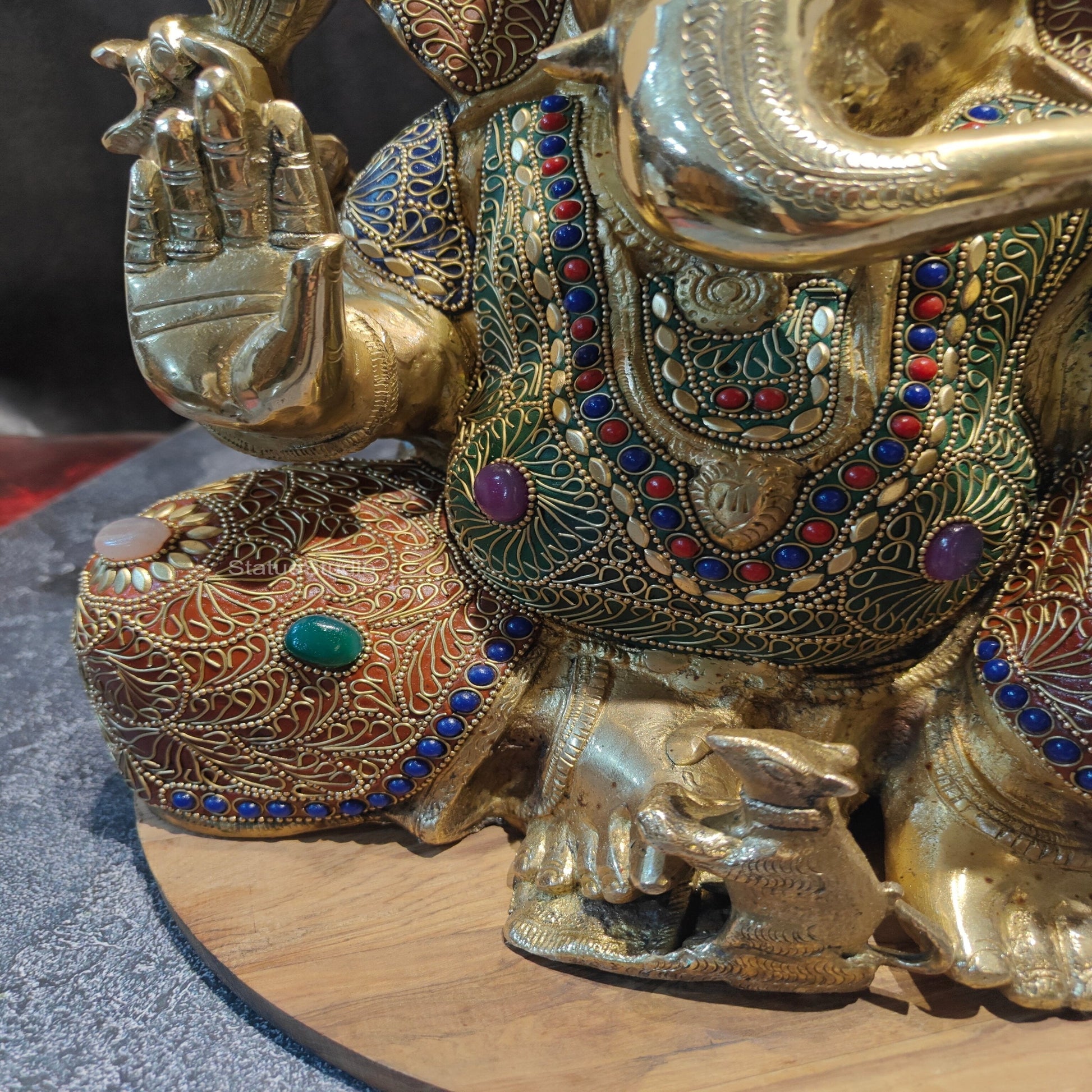 Brass Handcrafted Aashirwad Ganapati Idol With Stone Work 14 Inches - Image 6